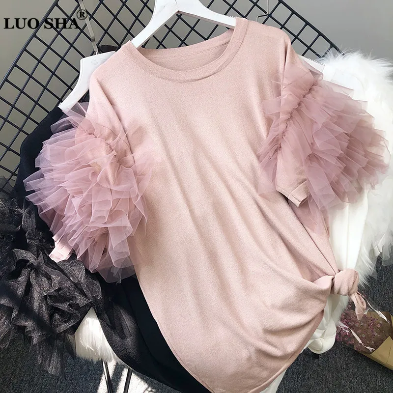 

LUOSHA Women 2019 Spring Summer Loose Knitted White Tops And Shortsleeve Lantern Mesh T Shirt Female Thin Knitted Black Tees