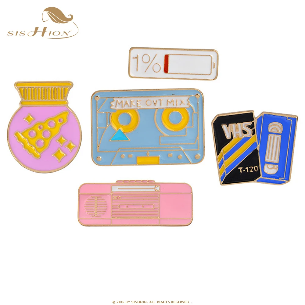 

SISHION battery power out Brooches enamel tape recorder pin colorful mechanic cassette tape Brooch badge Lapel pins metal pin