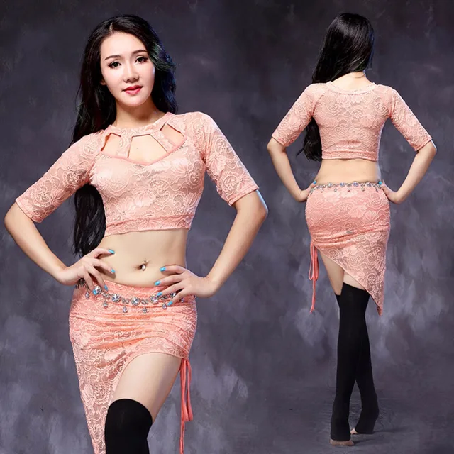 2017 Sexy Nude Lace Women Belly Dance Costumes 2pcs Top