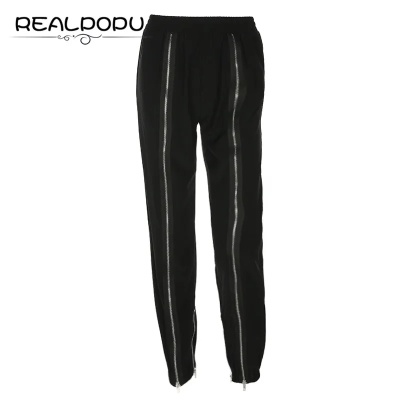 Realpopu, длинные брюки, черные, на молнии, спереди, эластичные, модные брюки, тканые, модные, узкие брюки, для женщин, высокая талия, уличная одежда - Цвет: Черный