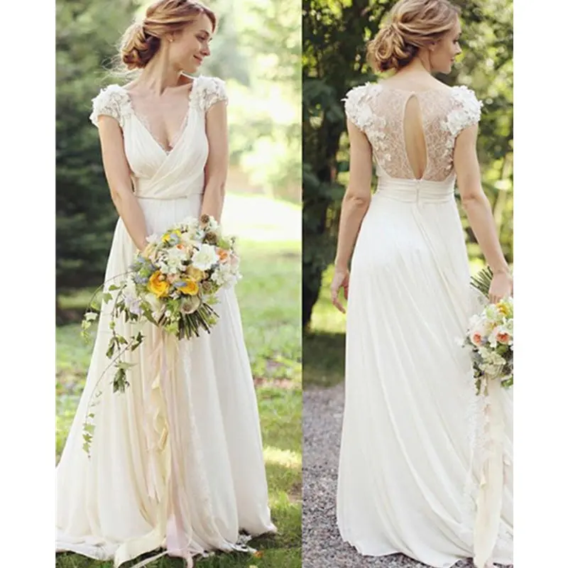 

Elegant Appliques Chiffon Boho Wedding Dress White V-Neck Open Back Wedding Gown Vestido De Novia Manga Larga