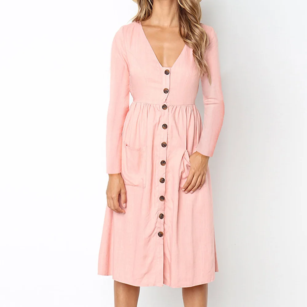Pink Double Pocket Single Button Up A Line Blouse Dress Autumn Women