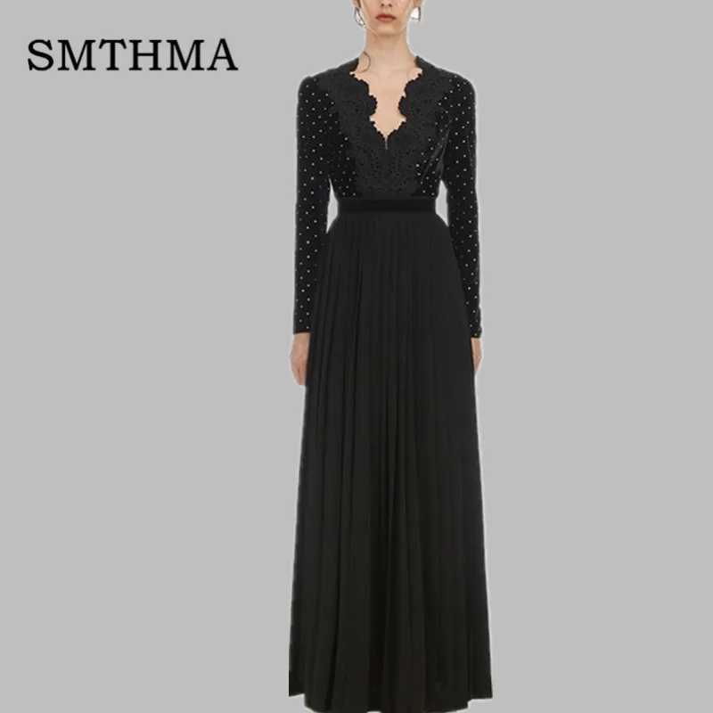 

High quality luxury runway 2019 new arrive velvet lace pleated long dress full sleeve deep V elegant black long party dress