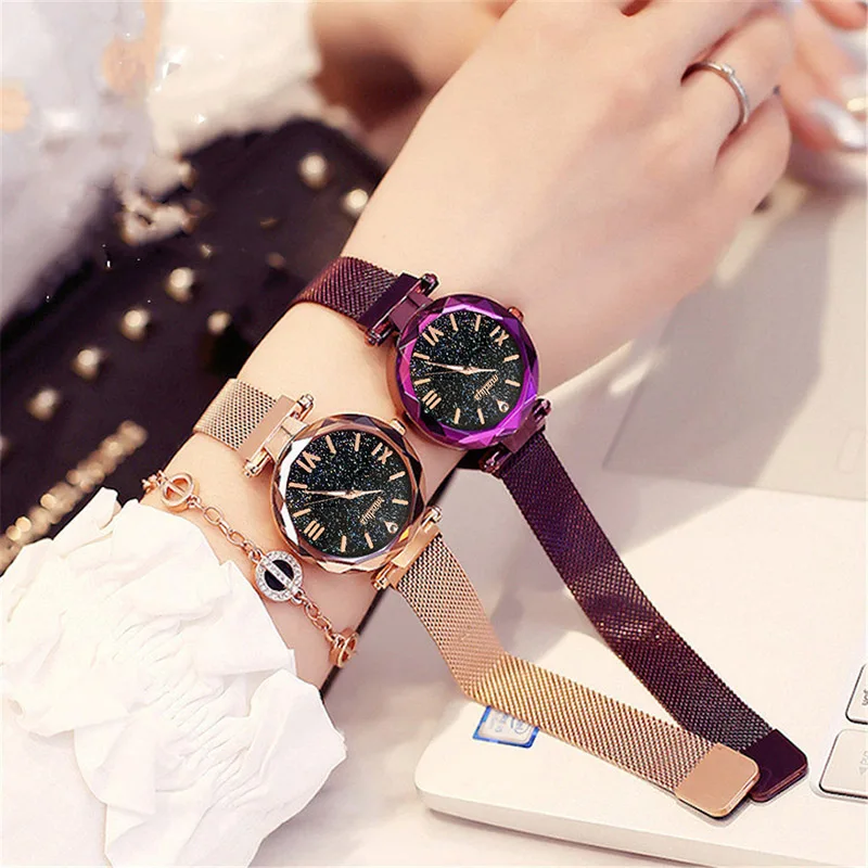 Hot Sale Women's Starry Sky Watch Luxury Magnetic Magnet Buckle Quartz Wrist Watch Geometric Surface Diamond Female Watches