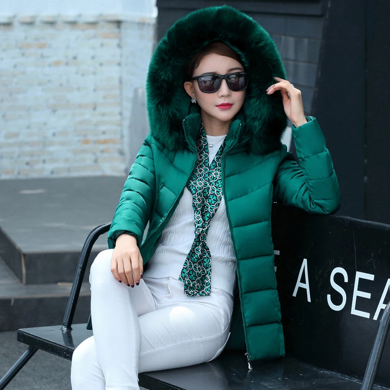 Short fur collar winter jacket women autumn cotton padded solid color womens parka with hood high quality female coat 2018