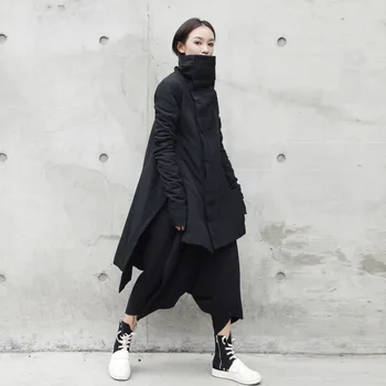 

Cakucool New Dark Black Women Mid Long Parka Cotton Liner Asymmetric Slim Winter Coats Stand Collar Slit Outerwear Parkas Female