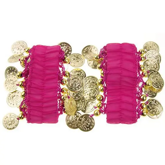 

TKOH 1 Pair Belly Dance Arm Cuff Wrist Bracelets w/ 18 Golden Coins (rose Red)