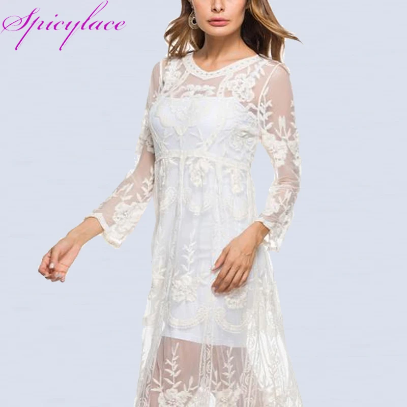 

Spicylace Sexy Loose Beach Long Dress 2018 New Women Floral Embroidery Party Lace Dress Long Sleeve Maxi Bohemian Vestidos