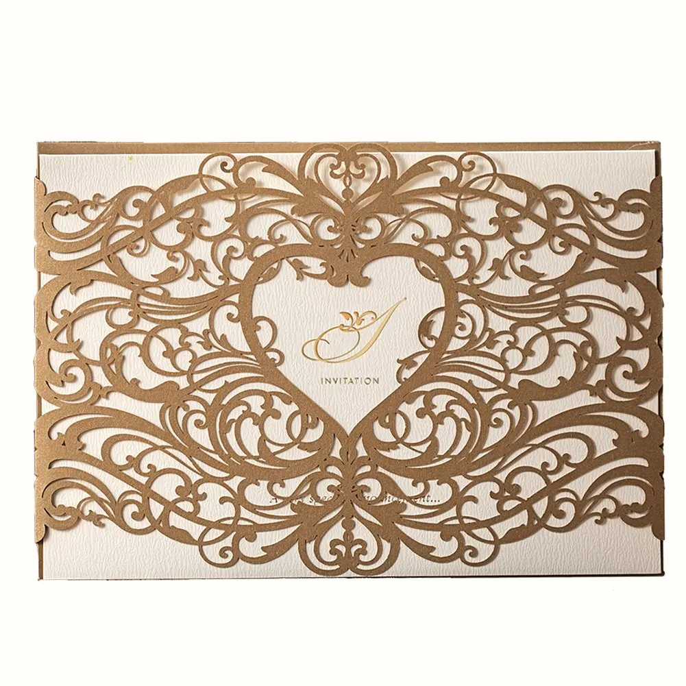  [Sweet Heart] 25Pcs Gold & Red Laser Cut Wedding Invitations Cardstock with Envelope Blank Birthday - 32992167768