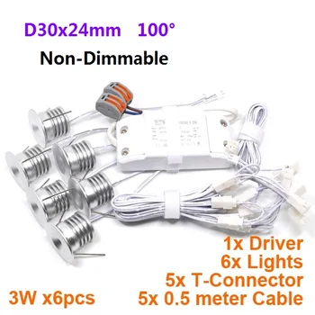 

D30x24mm Mini Ceiling Light Recessed Cabinet Spot light Dimmable with T connector ,Driver ,Cable ,6 lights/set AC220V 110V