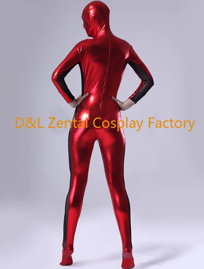 Free Shipping DHL Open Mouth Red Shiny Metallic Zentai Suit for Women See Through Inside SHS405 (3)