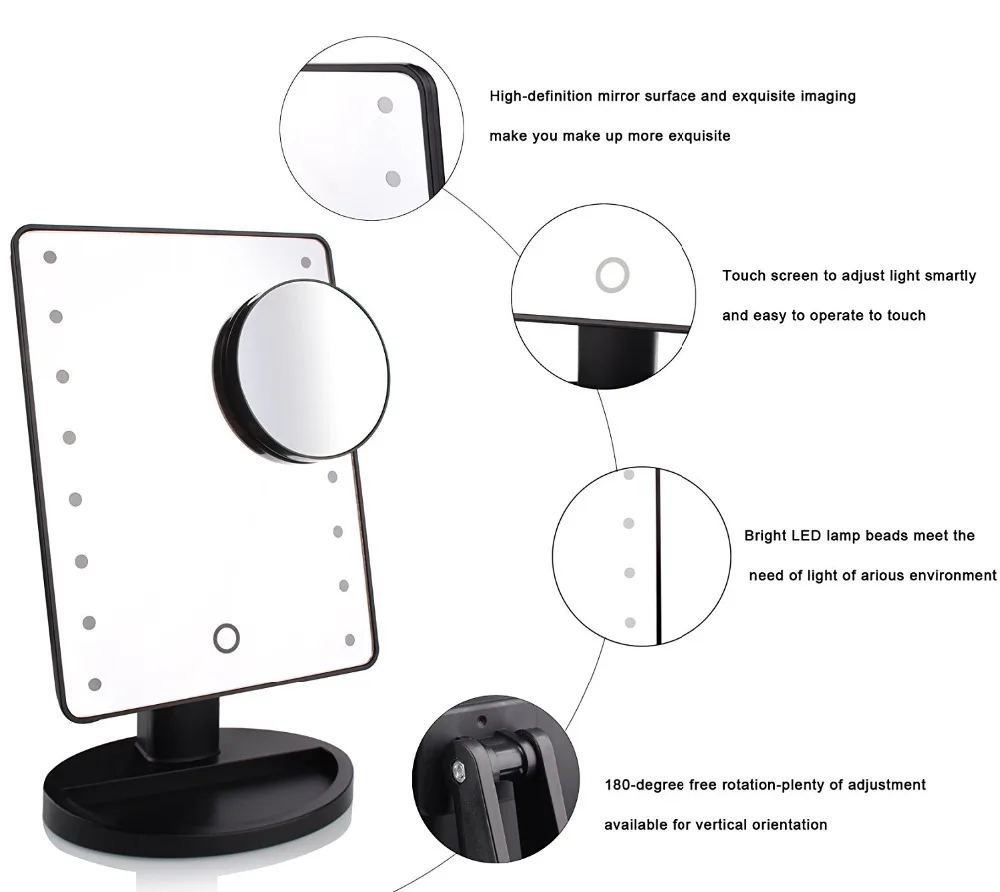 Зеркало для макияжа со светодиодной подсветкой профессиональное дамское зеркало с 16 светодиодными лампами сенсорный экран 180 вращающееся косметическое зеркало 10X увеличенное