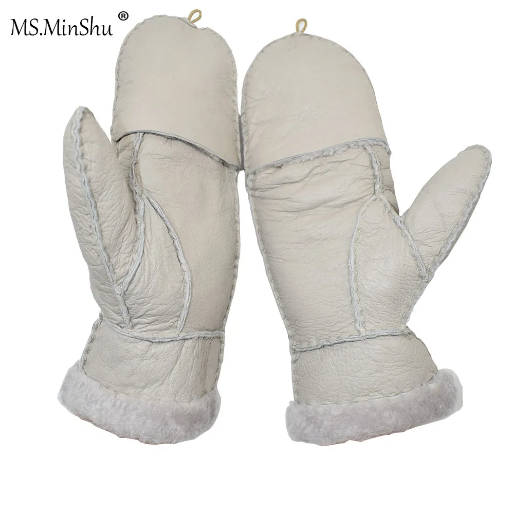 MS.MinShu Sheepskin Gloves Mittens With Cover Genuine Leather with