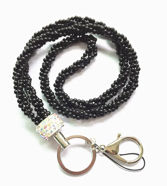 Новейший черный цвет Роскошный Жемчужный Блестящий Кристалл шейный ремешок на заказ ремешок для ID владелец значка кольцо для ключей зажим 1 шт