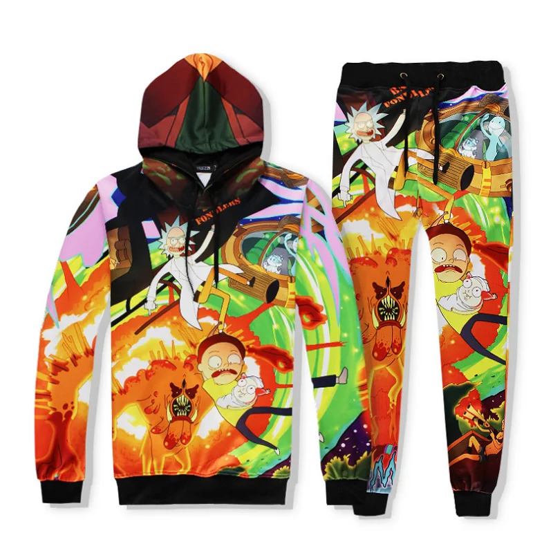 Harajuku Cartoon Rick And Morty 3D Print Sweatshirts Pullover Hoodies Colorful Tracksuit Hooded Tops Pants Sportwear Outfit