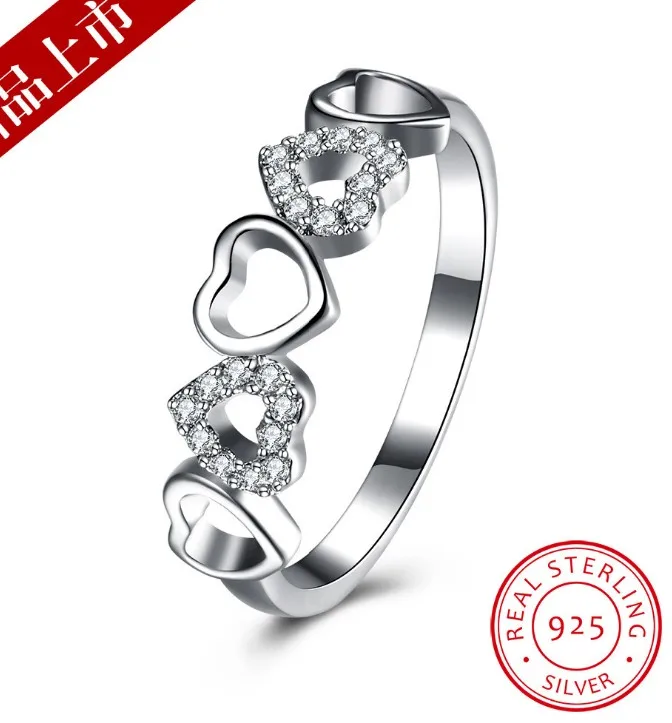 2019 распродажа ювелирные украшения Аутентичные стерлингового серебра 925 Кристалл Пять Сердце Форма кольцо для женщин