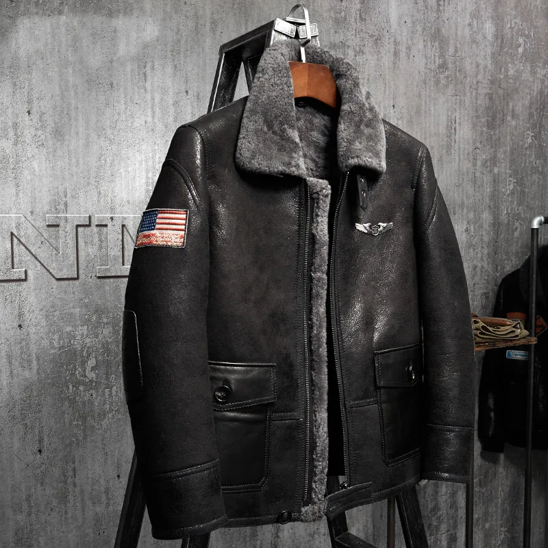 

Black Shearling Flight Jacket Short Fur Leather Jacket Men's Shearling Coat Imported Wool From Australia Man Aviator Fur Coat