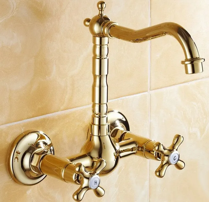 Luxury Polished Golden Brass Wall Mounted Water Tap Basin Kitchen Bathroom Wash Basin Faucet asf101