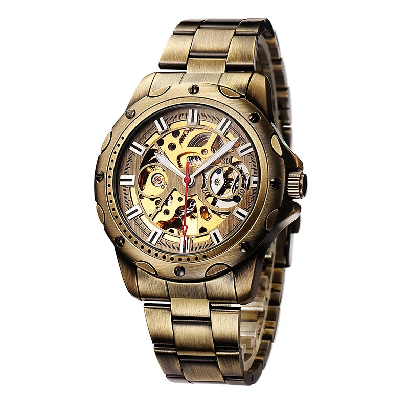 Retro Bronze Skeleton Mechanical Watch Men Automatic Watches Sport Luxury Top Brand Leather Watch Relogio Masculino Male Clock 