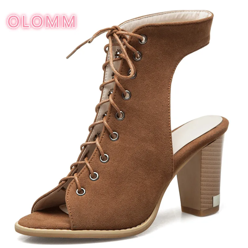 

Peep Toe Ankle Boots Women's Summer Shoes Lace up Square Heel Gladiator 2019 big size 43 46 Fashion Boots Black