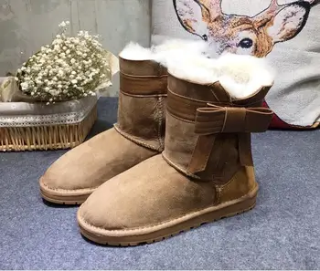 

2016 Australia imported sheep fur and leather boots winter sheepskin women snow boots with bow anti-slip high quality