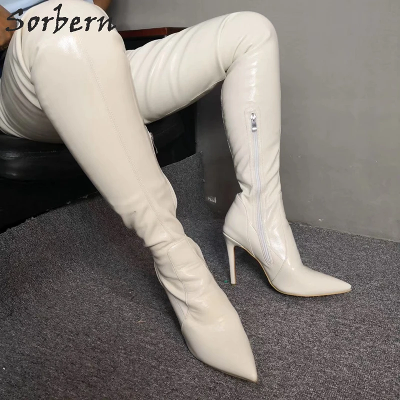 Sorbern/высокие сапоги до бедра с белым шаговым швом; женские высокие сапоги с острым носком на заказ; ботинки на высоком каблуке; женская обувь для подиума
