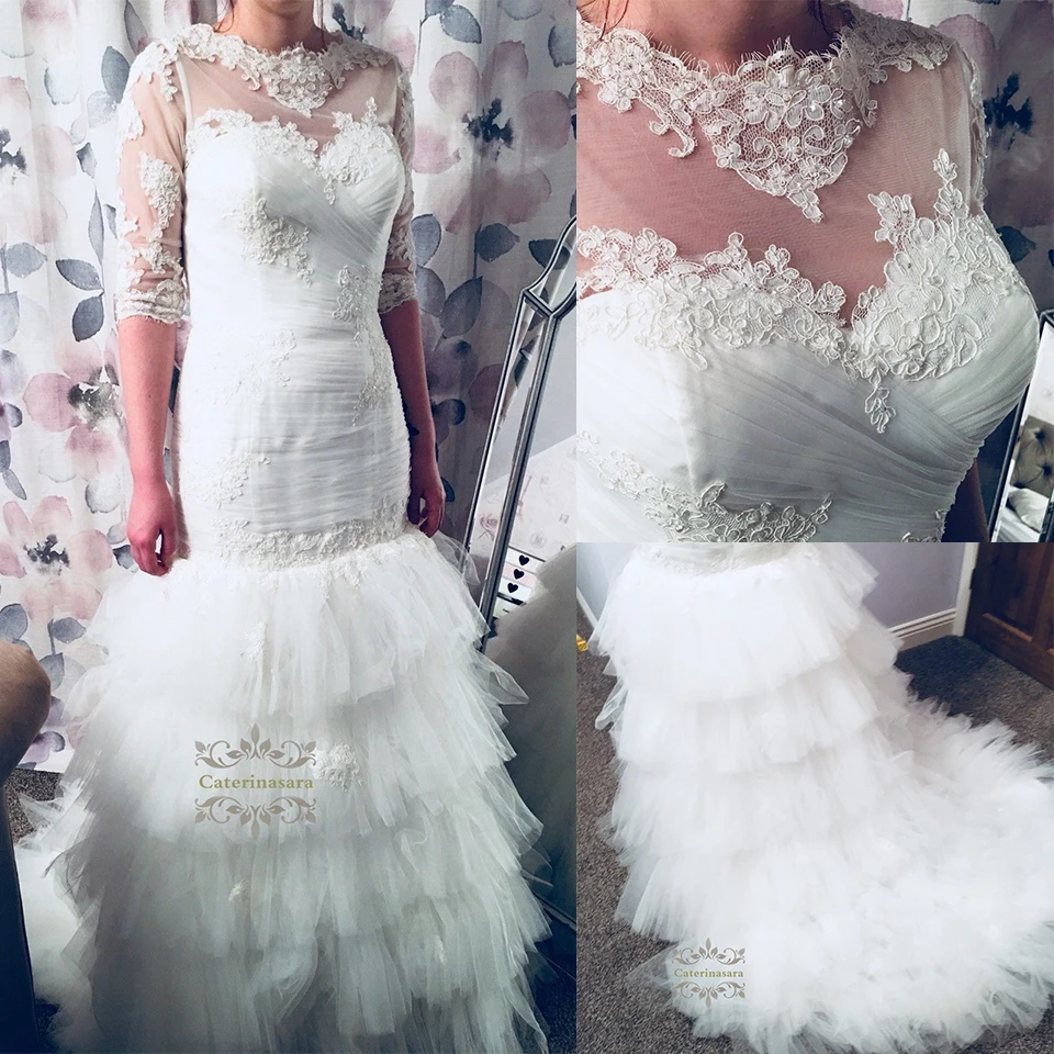 Mermaid/Trompet Trouwjurken Hoge Hals Sweep/Borstel Trein Kant Applicaties bruid Toga met Fit en Flare Rok Mermaid/Trompet Trouwjurken Hoge Hals Sweep/Borstel Trein Kant Applicaties bruid Toga met Fit en Flare Rok