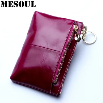 

MESOUL High Quality Genuine Leather Women Mini Wallet Oil Wax Leather Coin Purse Coin Credit Card Holder With Metal Ring 8 Color