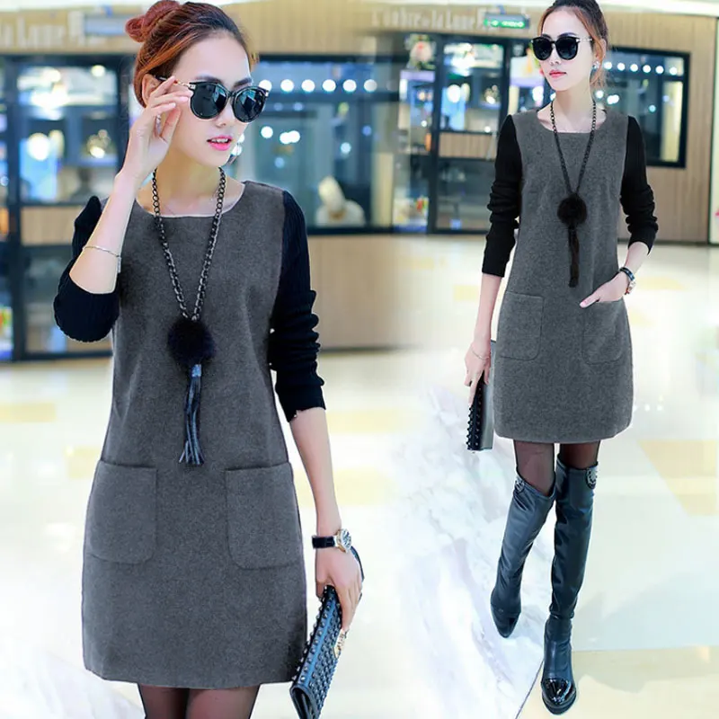 

Women Fake Two Pieces Dress Pullover O Neck Long Sleeves Winter Women Dress Korean Elegant Outfits H9