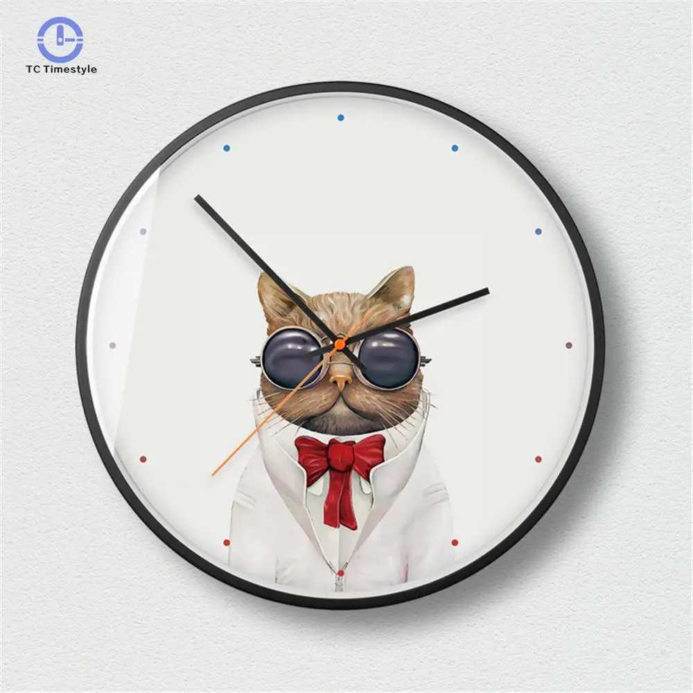 

Exquisite Metal Frame Mute Wall Clock For Decor Modern Minimalist Dog Cat Animal Pattern Wall Clock Kitchen Watches