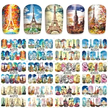 12 листов водная наклейка для ногтей Наклейка для ногтей слайдер тату полное покрытие Европа Париж башня церковь A1213-1224