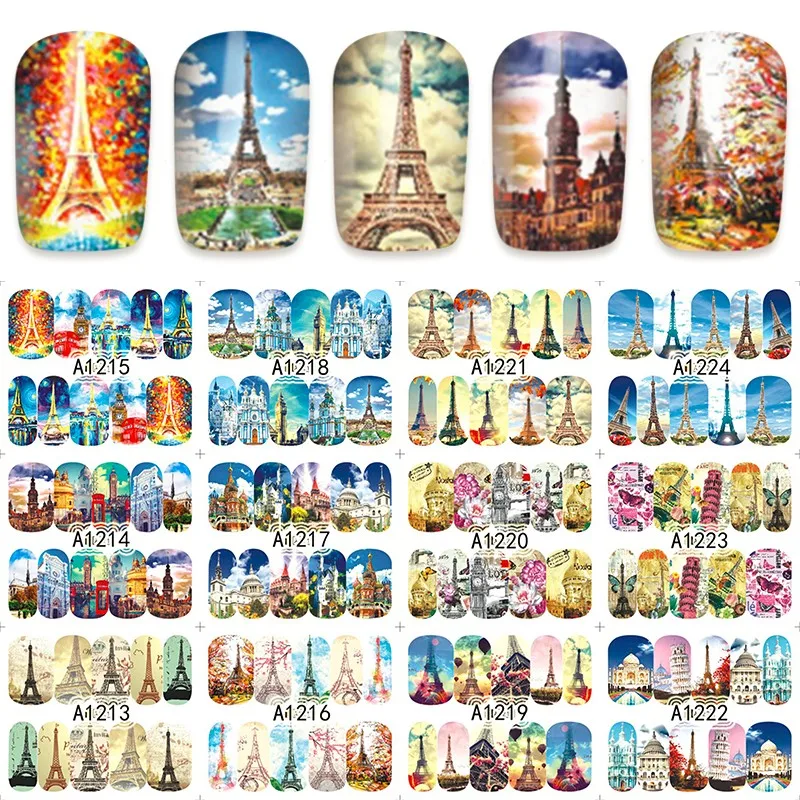 

12 sheets WATER DECAL NAIL ART NAIL STICKER SLIDER TATTOO FULL COVER EUROPE PARIS TOWER CHURCH A1213-1224