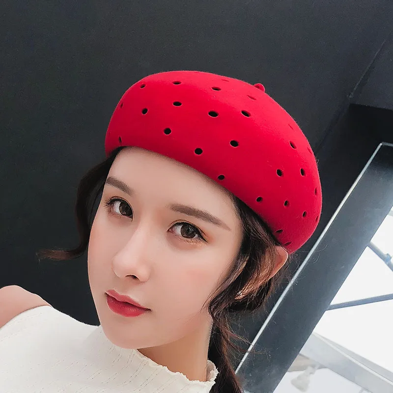 

2018 New High Quality Retro Adult Berets Female Solid Color Hollow Wool Felt Cabbie Hats for Women's Newsboy Caps