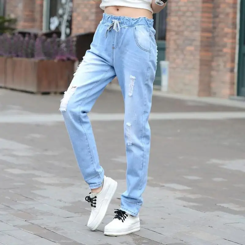 

Fashion Fine Belt Elastic Waist Band 2018 New Women Summer Casual Cowboy Trousers For Ladies Blue Mid Denim Floral White Brands