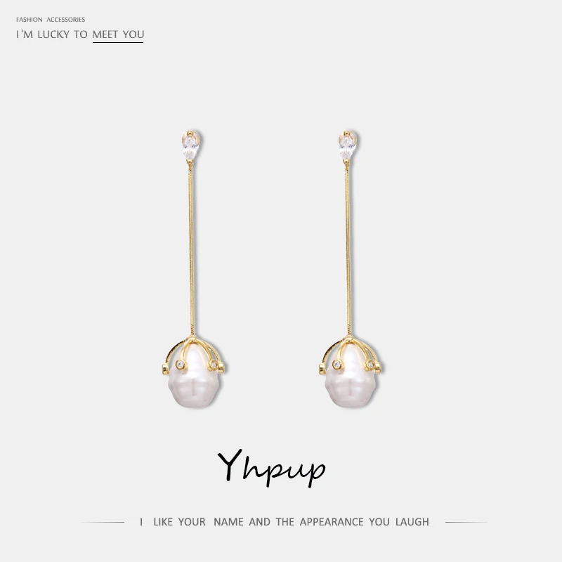 

Yhpup Trendy Copper Long Chain Dangle Earrings Luxury CZ Natural Pearls Earrings for Bride Party Jewelry S925 Silver Accessories