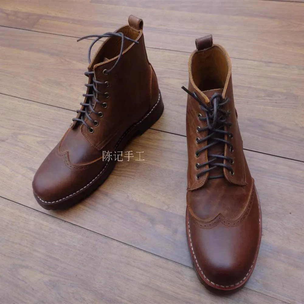 Boot De Couro Wingtip Sipriks Goodyear Vintage Masculinos 46 Homens Dedo marrom Redondo Genuíno Welted Sapatos 47 Ankle Pé Clássico Dos Do Vestido Botas Maritn Preto qwInx8Cnap