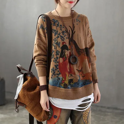 

2019 Autumn Winter Sweater Coat for Women Animal Print Vintage Knit Sweater Ladies Long Sleeve Sweaters Women Jumpers LT881S50