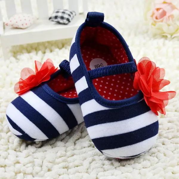 New Kid Girls Spring Fashion Cute Toddler Stripe Flower Crib Shoes Soft Sole Baby Shoes Prewalker P1