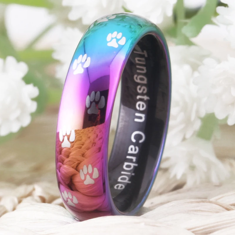 Women's Wedding Band Engagement Ring 6mm Cute Dog Cat Paw Rings Pure Tungsten Rainbow Animal Ring Anniversary Gift Party Ring