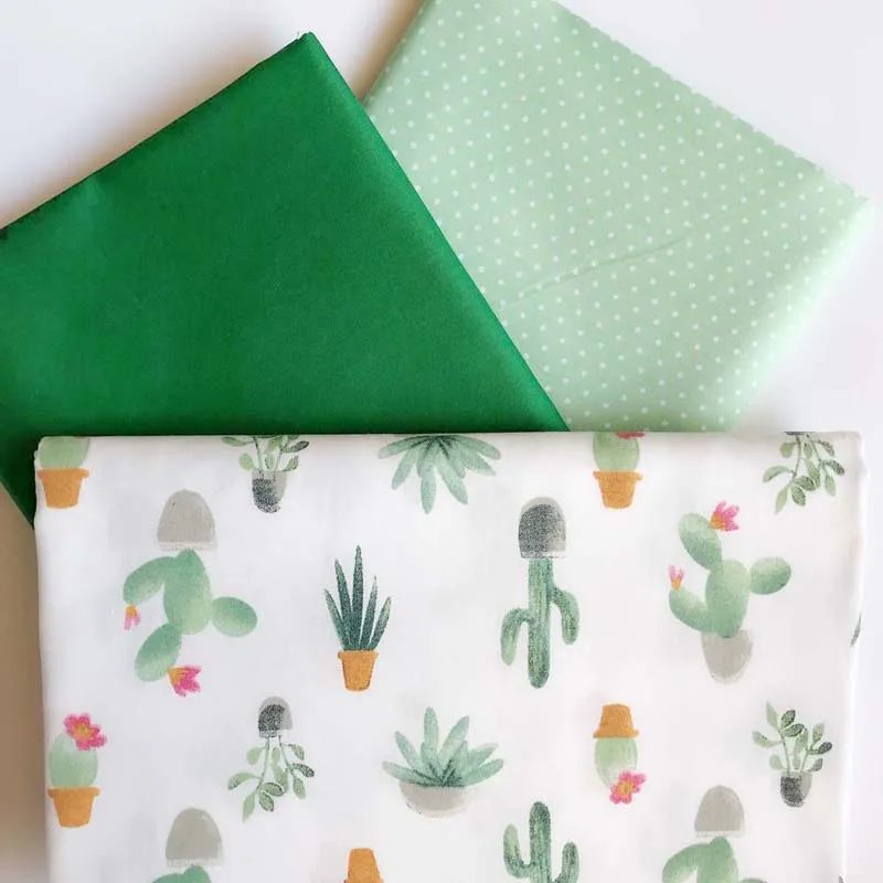 

160CM*50CM cotton cloth cartoon GREEN cactus with flower dot plain dark green fabric for DIY sheet bedding dress patchwork decor