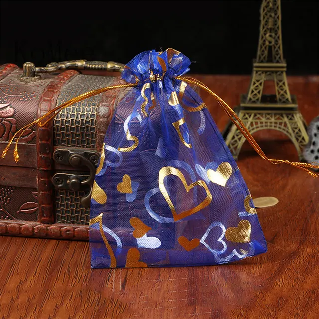 Whole 100pcs Royal Blue Organza Bags 17x23cm Hearts Design Whole 100pcs Royal Blue Organza Bags 17x23cm Hearts Design Wedding Favor Cosmetics Packaging Bag Draswstring Gift