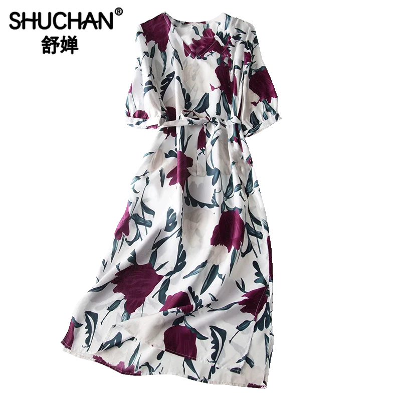 

Shuchan Prairie Chic Print Natural Silk Dress Fashion 2019 Summer Vestidos Largos Verano 2019 Vestido Largo Verano Mujer A0977