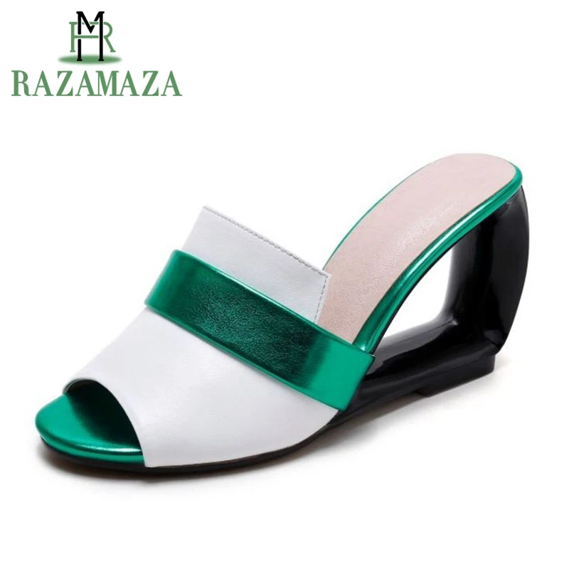 

RAZAMAZA Genuine Leather Women Slippers Peep Toe Mixed Color Sandals High Quality Daily Vacation Summer Shoes Women Size 30-43