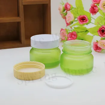 

50PCS 50G Frosted Green Glass Bottles Eye Cream Jar with White/Wood Grain Lid Empty Essence Glass Jars Skin Care Containers