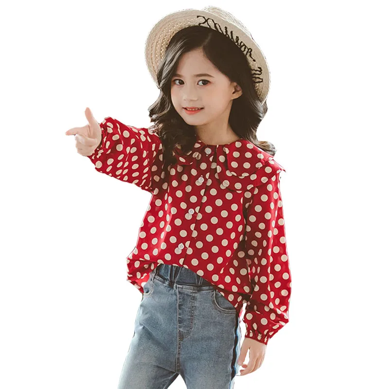 Детская рубашка, весенняя одежда для девочек, Новые Топы Teenaeg, Корейская версия, милая блузка, детская Западная рубашка в горошек для маленьких девочек, красный и зеленый цвета