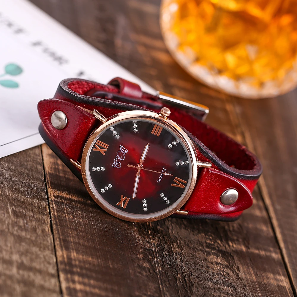 CCQ бренд Для женщин Винтаж из натуральной кожи в римском стиле циферблат наручные часы Повседневное женские Модные Стразы кварцевые часы Relogio Feminino