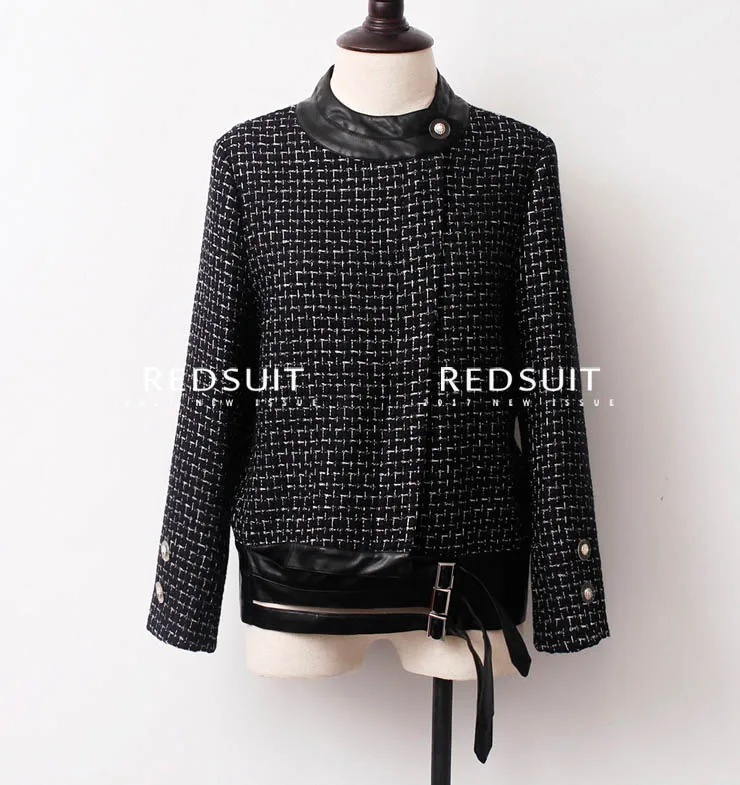 handsome spliced leather female jacket abrigos mujer plus size tweed black winter coat 5xl 6xl jaqueta feminina casual jacket