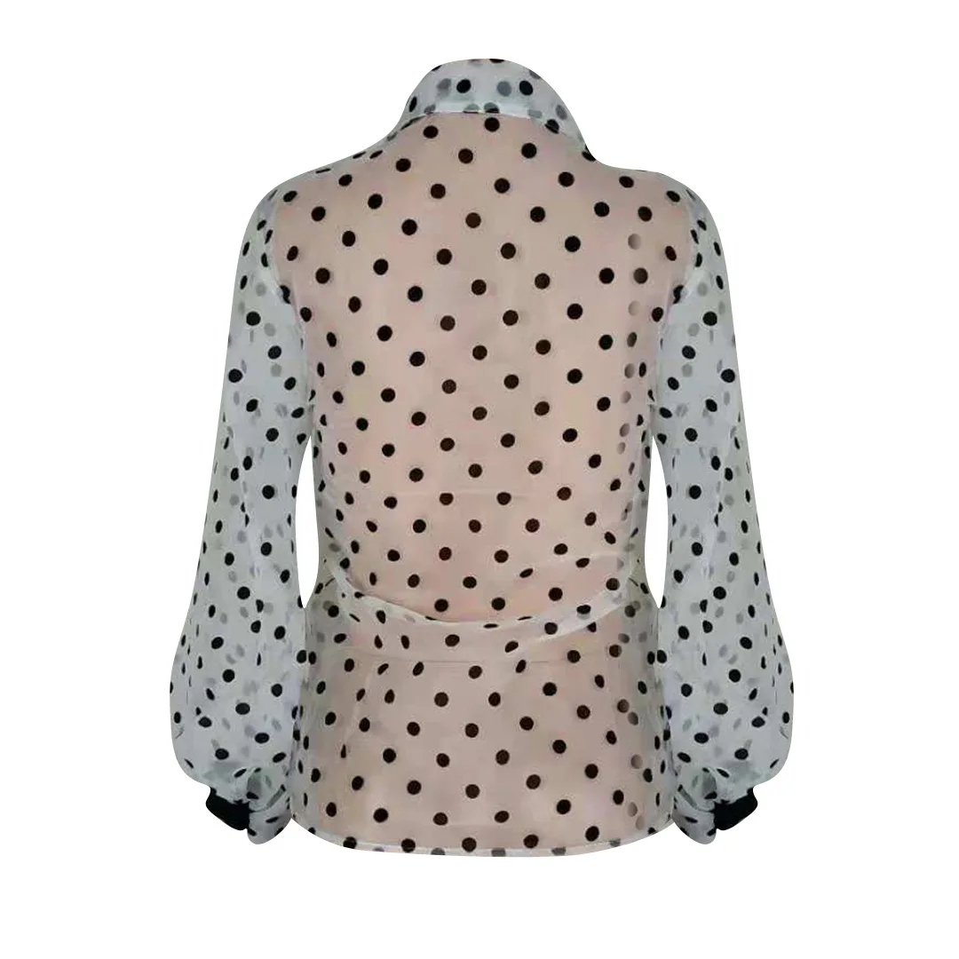 Брендовые новые женские рубашки плюс размер Блузка Прозрачная Органза в горошек Сексуальная рубашка Повседневная модная рубашка