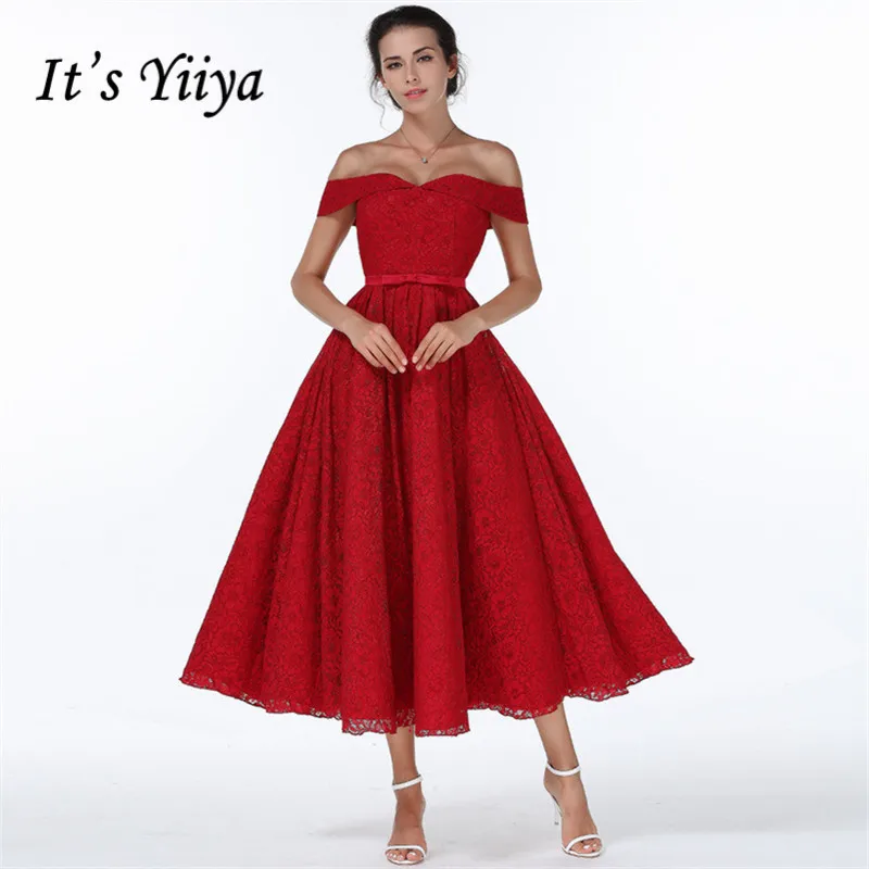 

It's YiiYa Wine Red Strapless Off The Shoulder Short Sleeve Backless Lace Up Cocktail Gowns Tea Length Formal Dress LX489
