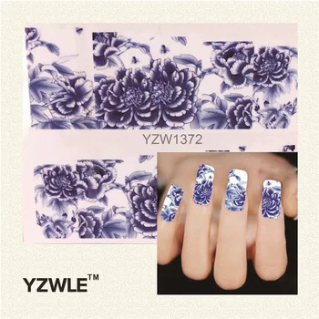 YZWLE 1 Sheet New Nail Art Full Cover Blue Flower Stickers Decals Water Transfer Wraps Decorations Manicure Care Tools